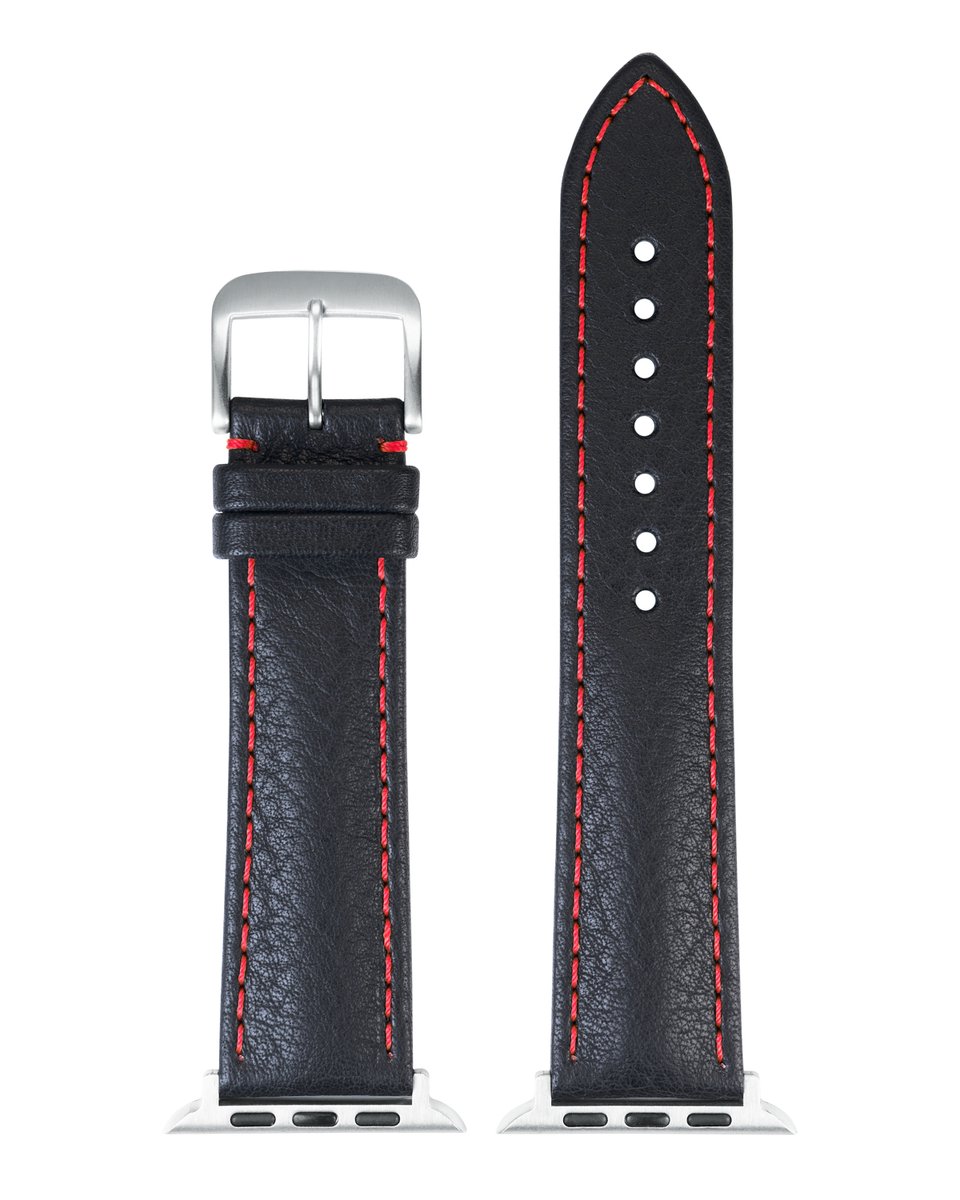EULIT leer horlogeband geschikt voor Apple Watch 42/44/45/46 maat - Serie 1/2/3/4/5/6/7/8/9/10 + SE - imperator smart - 22 mm - zwart/rood - edelmetaal gesp mat - incl. adapter