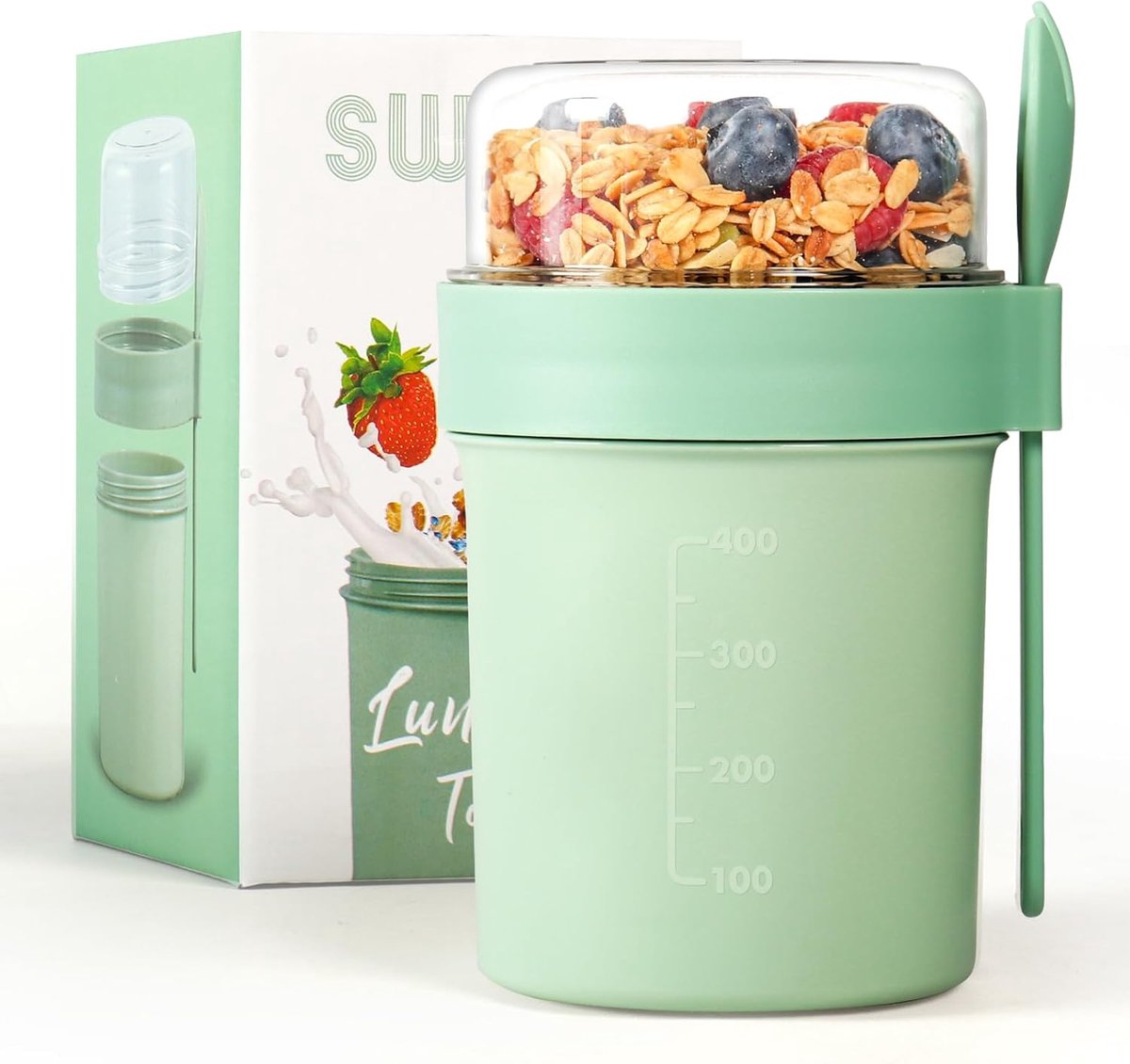 Cereal Cup Set to Go, Yoghurt & Muesli Cups with Spoon - 780 ml, Sage Green
