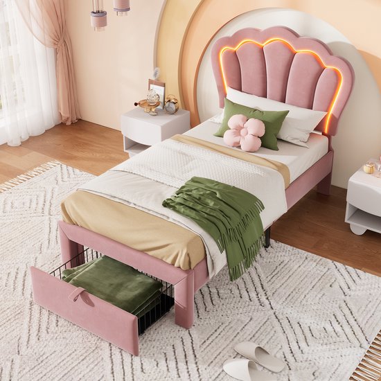 Lit Canapé Rembourré Rose Velours Avec 2 Tiroirs - 90x200cm - KOMHTOM