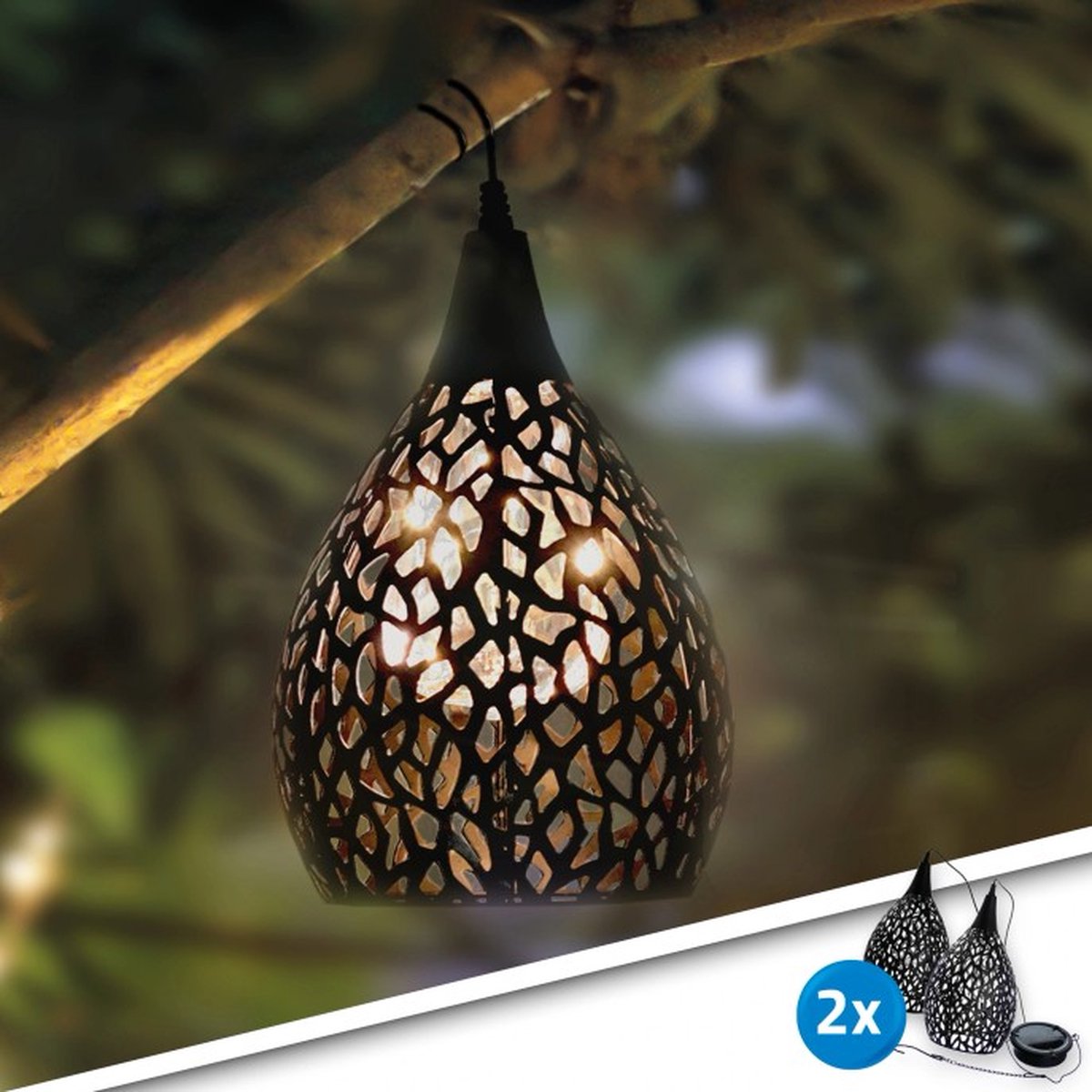 Bol.com Solar hanglamp 'Saga' - Voordeelset van 2 stuks - Warm wit licht - Schemersensor - Solar tuinverlichting - Buitenlamp op... aanbieding