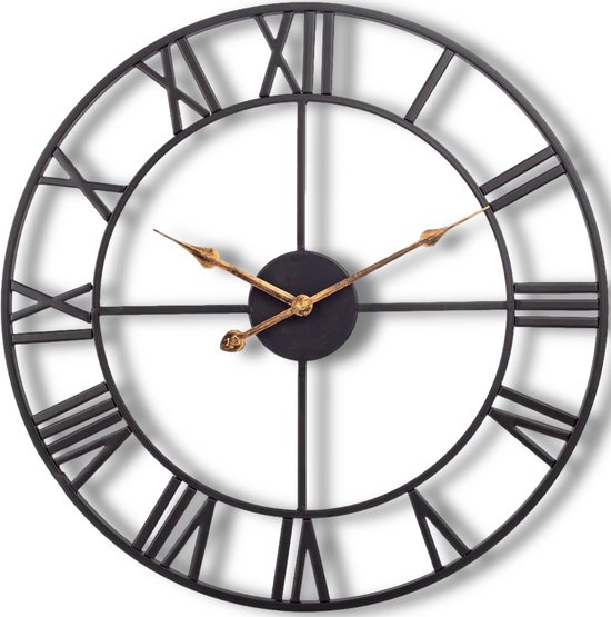 HSXL - Grande Horloge Murale Zwart avec Aiguilles Dorées - 60cm avec Chiffres Romains - Horloge Murale Moderne Noire Industrielle - Klok Industrielle 60 cm
