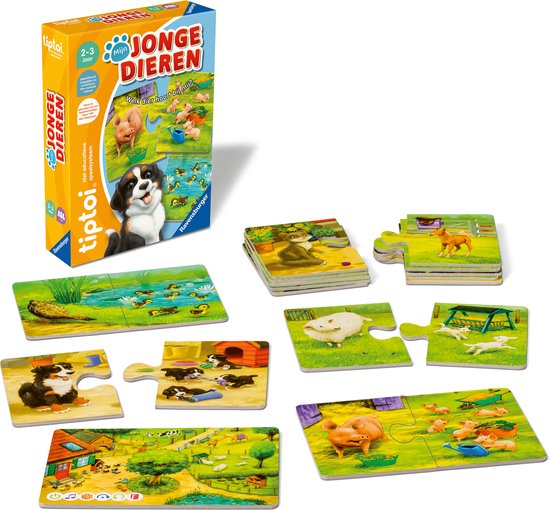 Het spel 'Mijn Jonge Dieren' met een tiptoi pen, verschillende puzzels met jonge dieren.