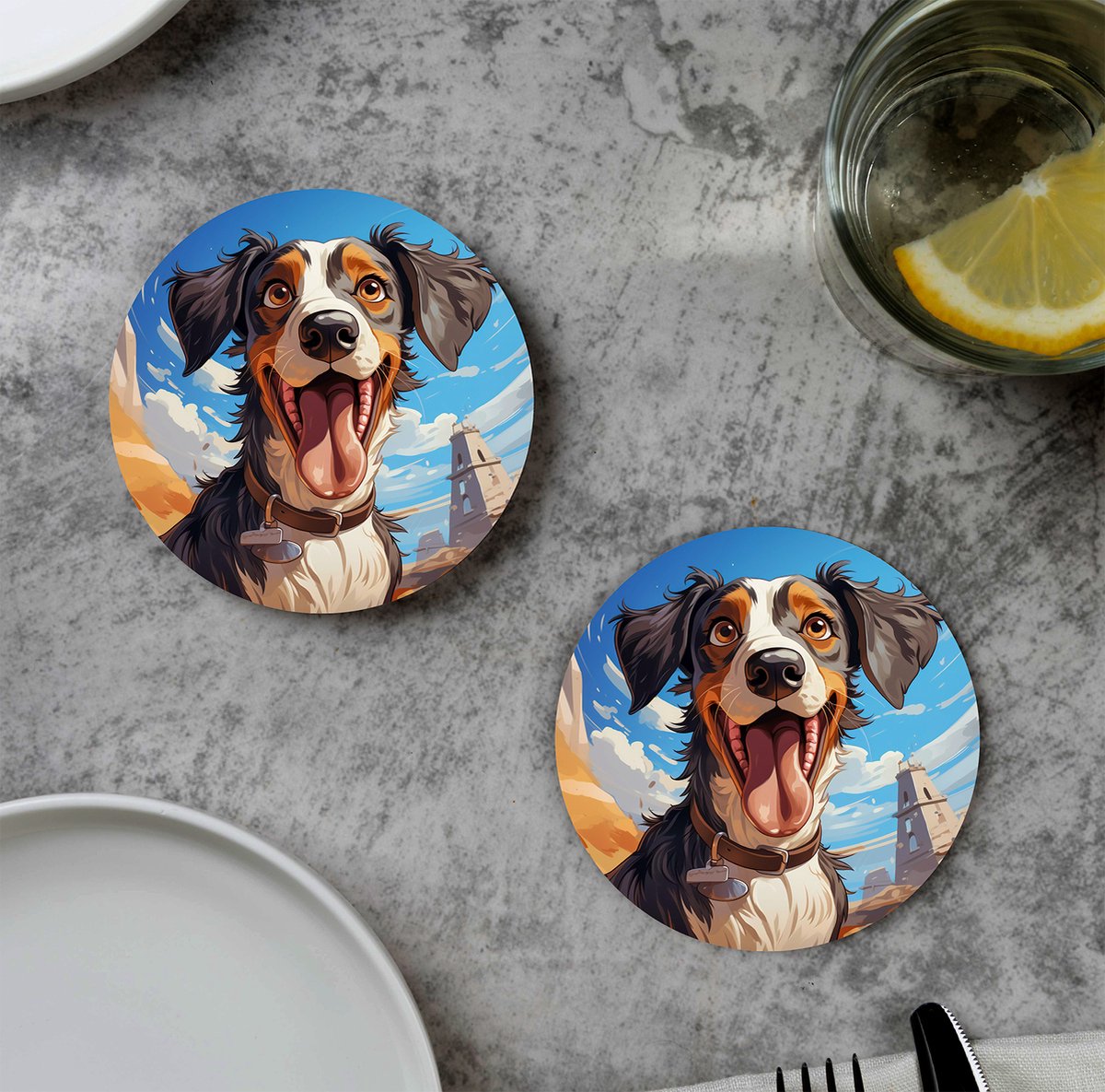 GR onderzetters voor glazen - Waterpaint Dog Smiling Border Collie - Vinyl - 6st
