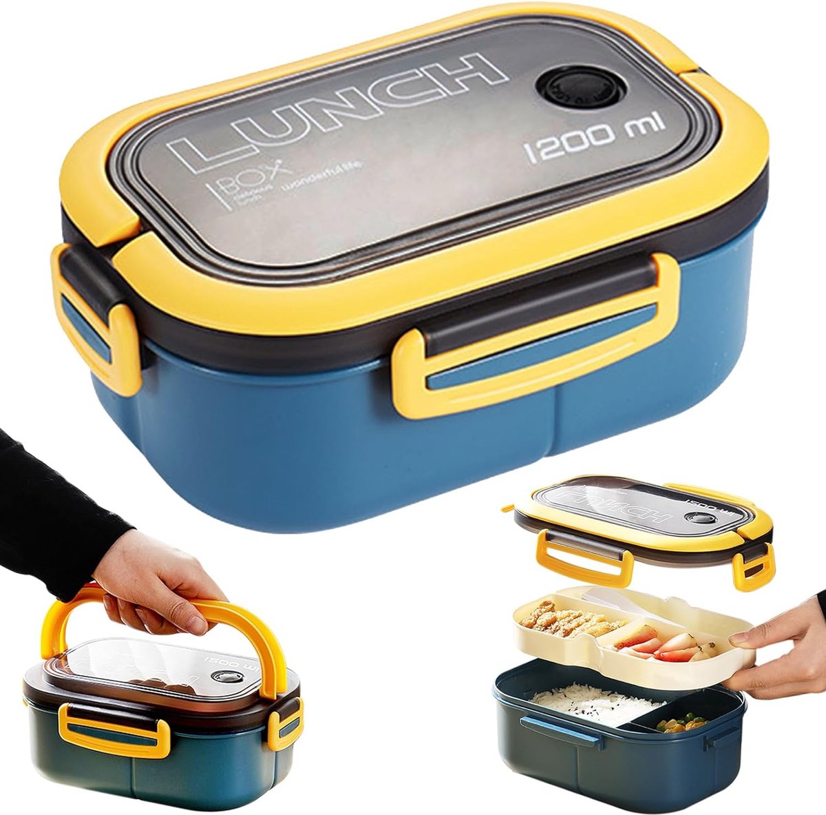 Lunchbox met Compartimenten 1200ml Lunchbox voor schoolkinderen Volwassenen Saladecontainer Lekvrije Bentobox Snackbox met bestek Slakom voor Schoolkantoor Picknicken Reizen