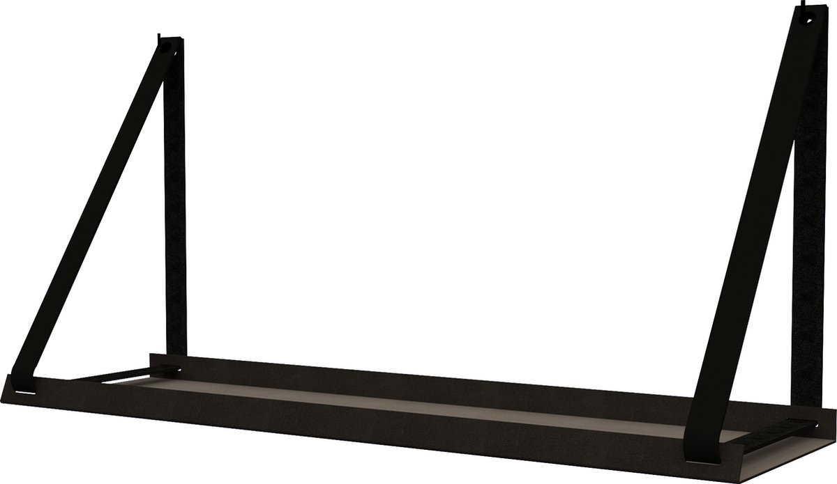 Handles and more - Stalen wandplank zwart 70cm + leren plankdragers Zwart