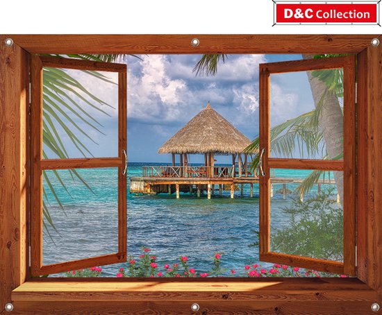 D&C Collection - tuinposter - 130x95 cm - doorkijk - bruin venster - luxe uitvoering - Tropisch strand rieten hut met bloemen - tuin decoratie - tuinposters buiten - schuttingposter - tuindoek