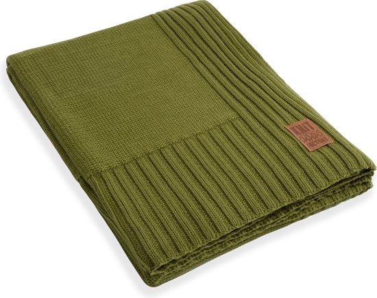Knit Factory Uni Gebreid Plaid XL - Woondeken - plaid - Wollen deken - Kleed - Mosgroen - 195x225 cm