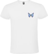 Wit t-shirt met prachtige Blauwe Vlinder met diamant facetten kleine print  size L