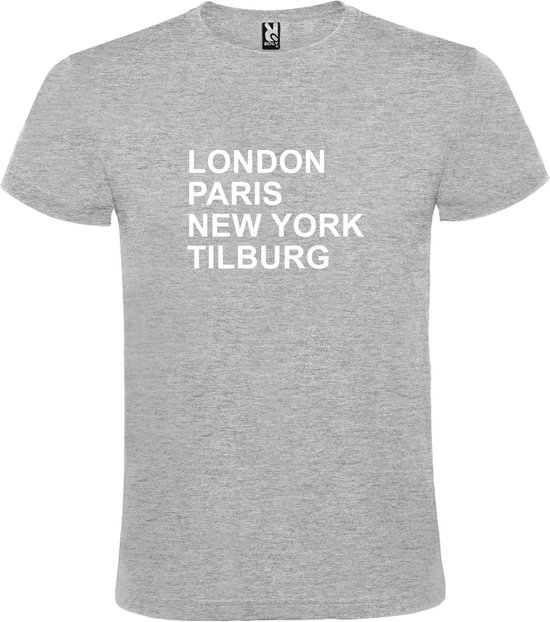 Grijs t-shirt met " London, Paris , New York, Tilburg " print Wit size XS