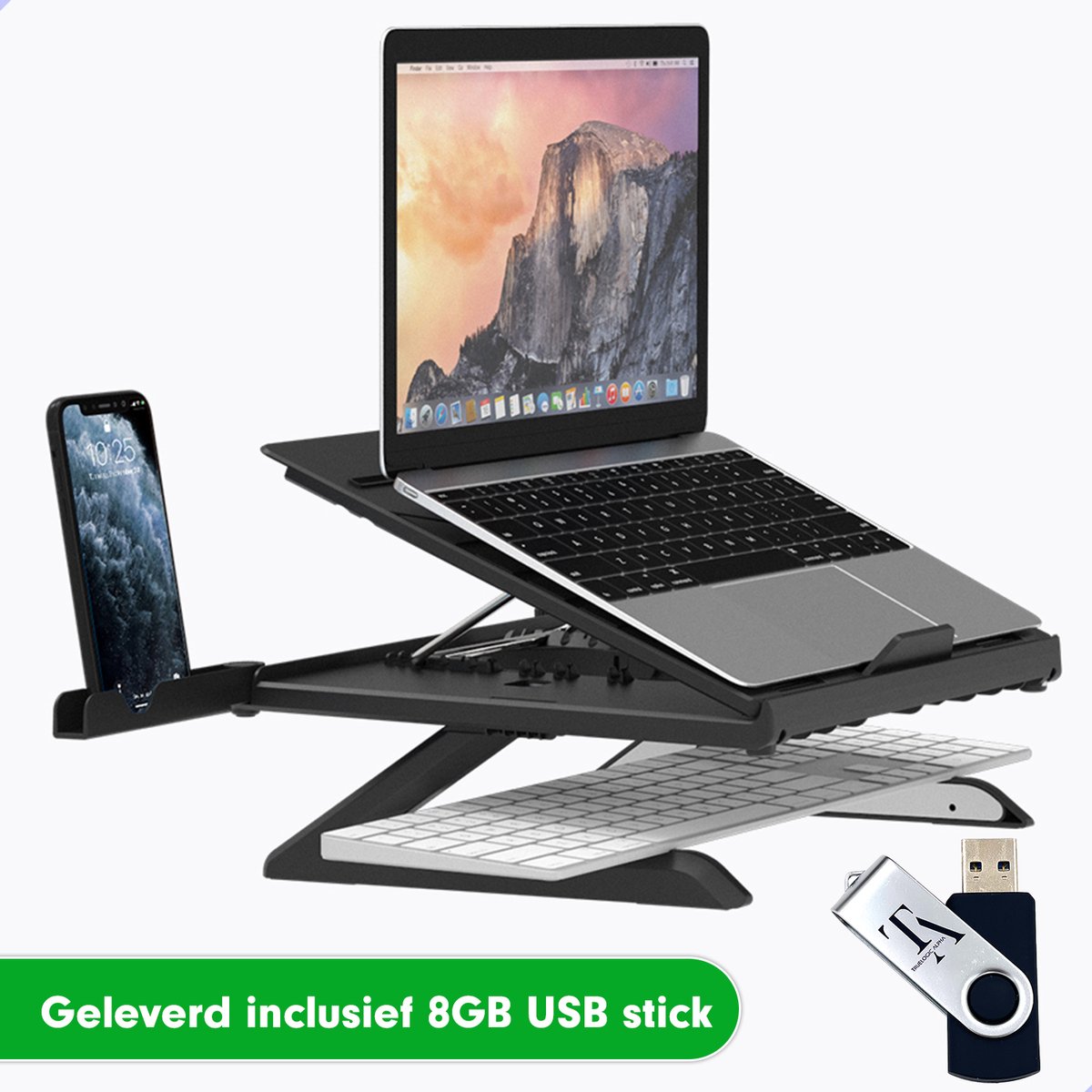 TrueLogic Alpha ergonomische laptopstandaard - Notebookstandaard - Geleverd inclusief 8 GB USB stick - Laptopverhoger - Laptophouder - Laptop standaard - Zwart