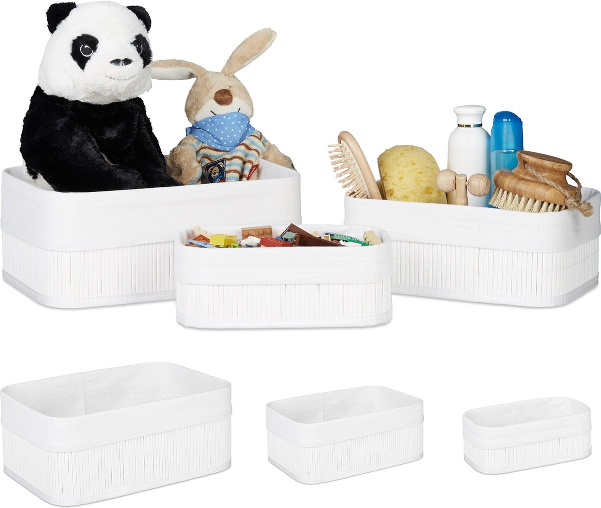 6x opbergmand bamboe - stof - mandjes - set van 6 witte manden - badkamer