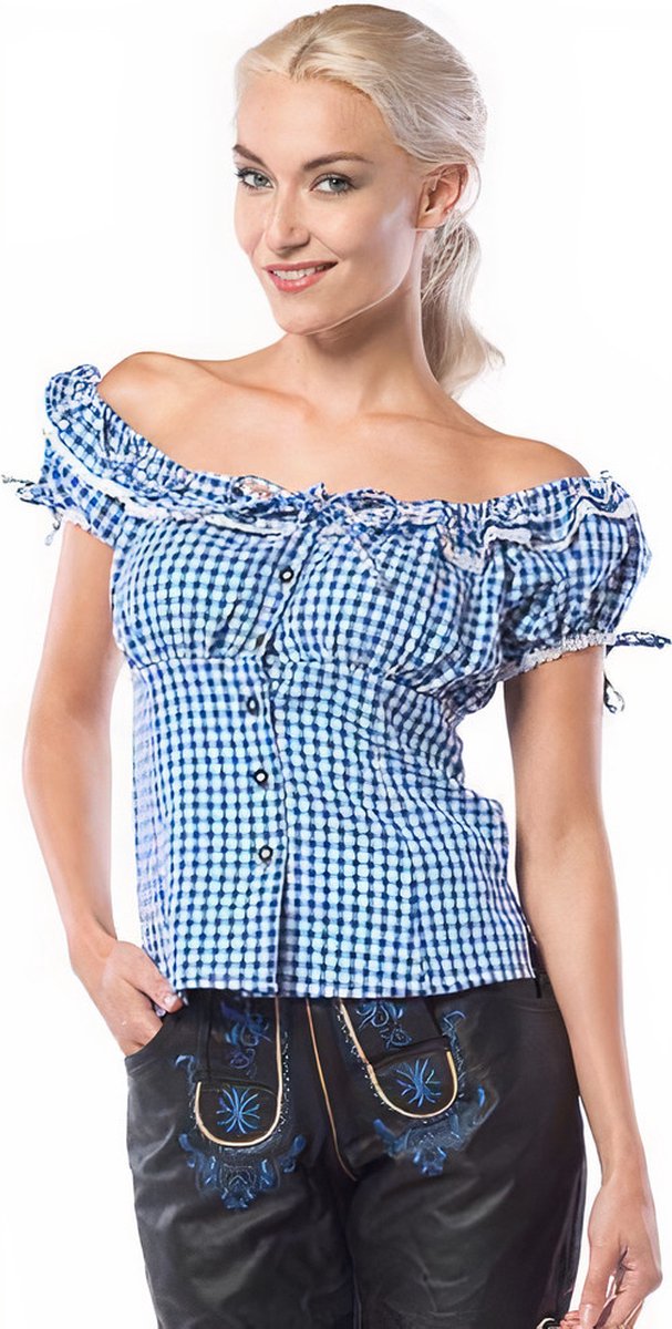 Partychimp Oktoberfest Blouse Dames Top Liesl Oktoberfest Dames Carnavalskleding Dames Carnaval Kostuum Dames - Polyester - Blauw/Wit - Maat XL
