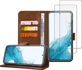 Samsung S22 Book Case Hoesje - 2x Samsung S22 Screenprotector - Flip Portemonnee Bruin met Screen Cover Tempered Glas