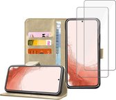 Geschikt voor Samsung S22 Plus Book Case Hoesje - 2x Screenprotector - Flip Portemonnee Goud met Screen Cover Tempered Glas