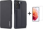 Luxe Telefoonhoesje voor Samsung Galaxy S22 | Hoogwaardig Leren Bookcase | Luxe Uitstraling | Flip Case | Portemonnee | Zwart + 1x Screenprotector