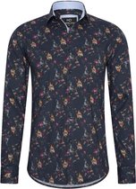 Heren overhemd Lange mouwen - MarshallDenim - Blauw met rood en beige bloemenprint- Slim fit met stretch - maat S