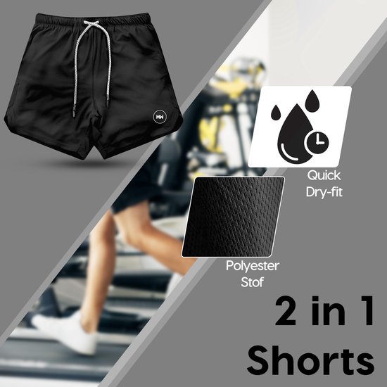 MW® - Sportbroek Heren - Fitnessbroek - Sportkleding - 2 in 1 Shorts - Hardloopbroek (Zwart - XL) - MW