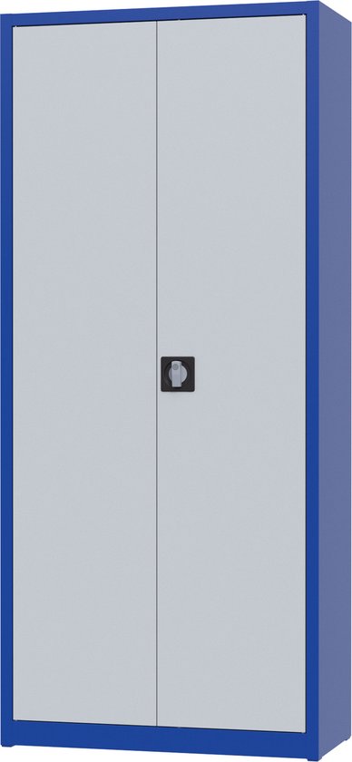 Metalen schoonmaakkast - 180x80x38 cm - Blauw / grijs - Hang & leg + bezem - Met slot - draaideurkast, garage kast, opbergkast - AKP-202 - Povag