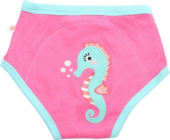 Roze oefenbroekje met blauwe bies en een zeepaardje.