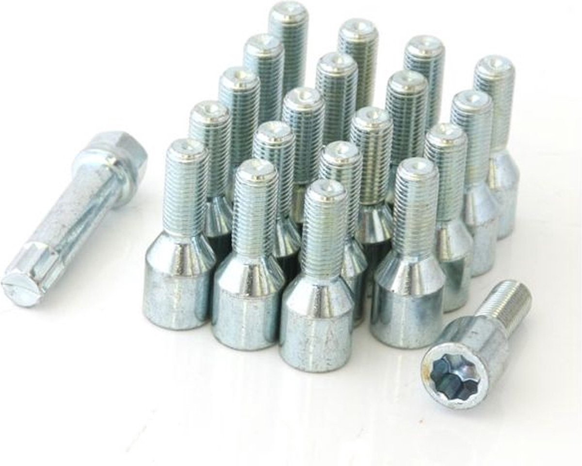 Set of 20 28mm silver star bolts M12x1,25 + Key