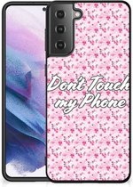 Hoesje met Tekst Geschikt voor Samsung Galaxy S21 Plus Back Cover Siliconen Hoesje met Zwarte rand Flowers Pink Don't Touch My Phone