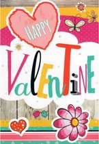 Happy Valentine! Een bijzondere wenskaart met kleurrijke afbeeldingen van hartjes, bloemen en vlinders. Een dubbele wenskaart inclusief envelop en in folie verpakt.