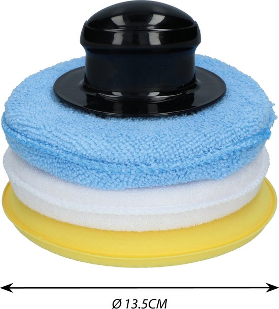 Protecton polijstpad set, 13.5cm doorsnee, met blauwe microvezel pad, witte pad en gele spons.