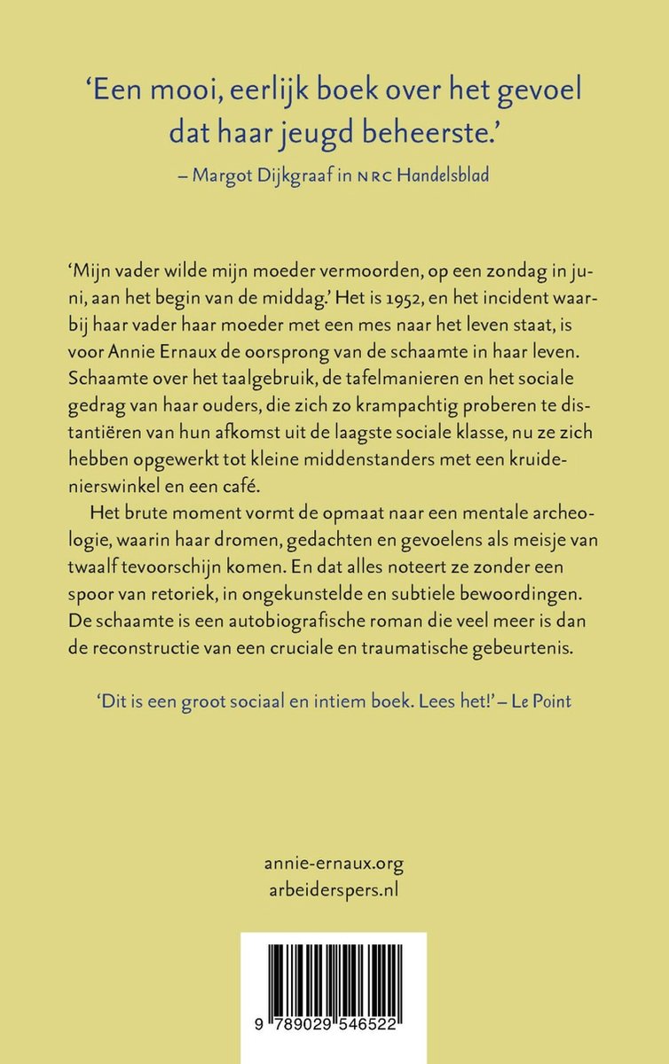 Boekcover met tekst 'Een mooi, eerlijk boek over het gevoel dat haar jeugd beheerste.' - Margot Dijkgraaf in NRC Handelsblad en een barcode.