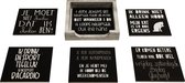 Onderzetters voor glazen - set nr 18 onderleggers - Hout - Leuke onderzetters met tekst , Zwarte , 6 stuks met een houder