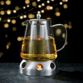 TeaLux Glazen Theepot met Filter en Warmhouder - Borosilicaatglas Theekan & Waxinelicht Rechaud - Glas Thee Pot Theewarmer Set - Teapot met RVS Infuser/zeef voor losse Tea - 1L - Op fornuis t