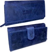 WILD – Portemonnee Dames – Overslagportemonnee – Vintage Leer – 17 pasjes - Blauw