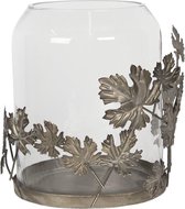 Windlicht Ø 21*27 cm Grijs Metaal, Glas Rond Blaadjes Kaarsenhouder Sfeerverlichting