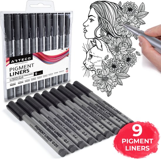 ARTECO® 9 Pigment Liners – Fineliners - Handlettering – Gepigmenteerde inkt - Schrijven – Schetsen – Pennen
