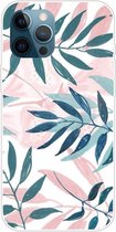 Peachy Tropical leaves TPU pastelgekleurde bladeren hoesje voor iPhone 13 Pro Max - roze, groen en wit