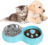Anti-schrok dierenvoerbak - Hondenvoerbak - 14 CM Breedte Drinkbak en Voerbak - Voerbak - Slow feeder - Dubbele voerbak voor honden en katten - Voor rustiger en gezonder eten  - Blauw