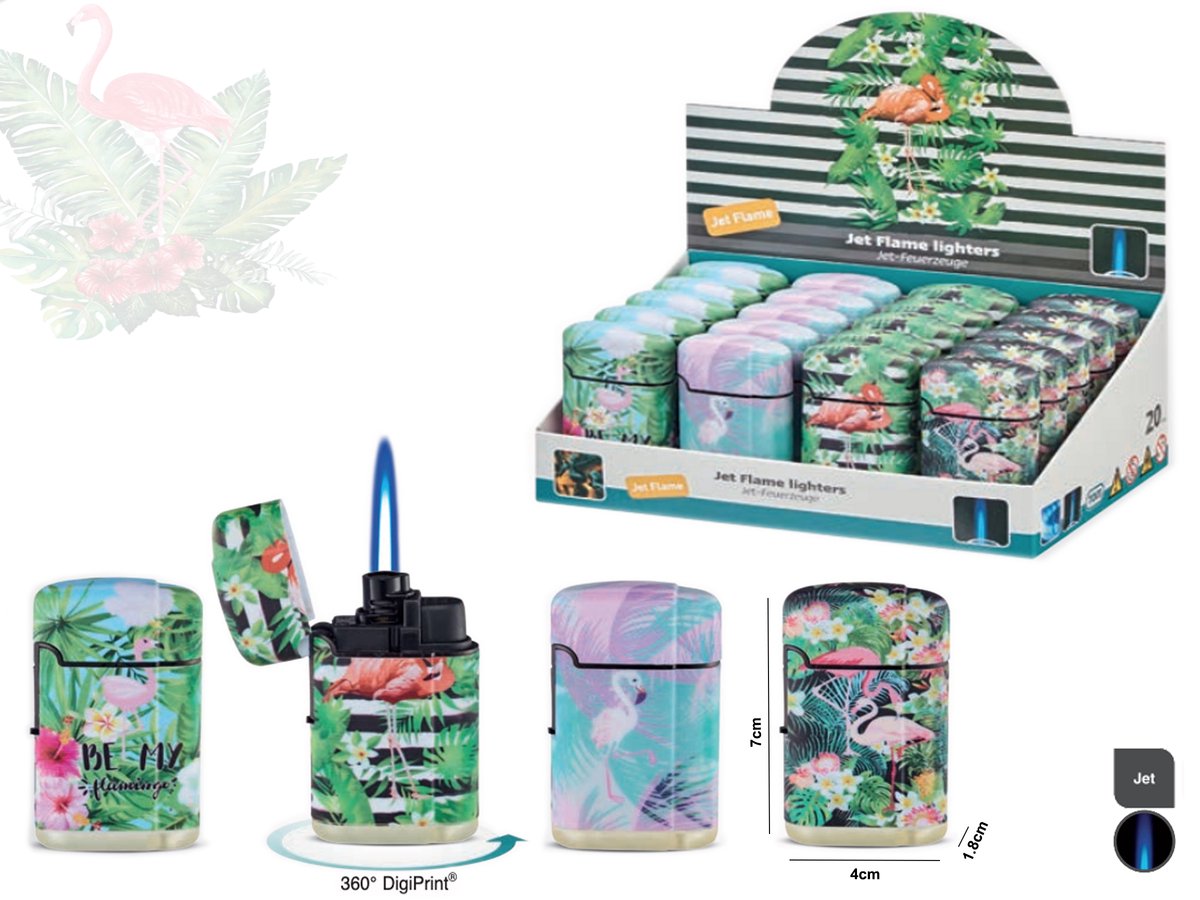 Goedkoopste Jet Flame turbo wind aanstekers - 20 stuks in display soft aansteker - 360° Flamingo print - Crème Brûlée Brander