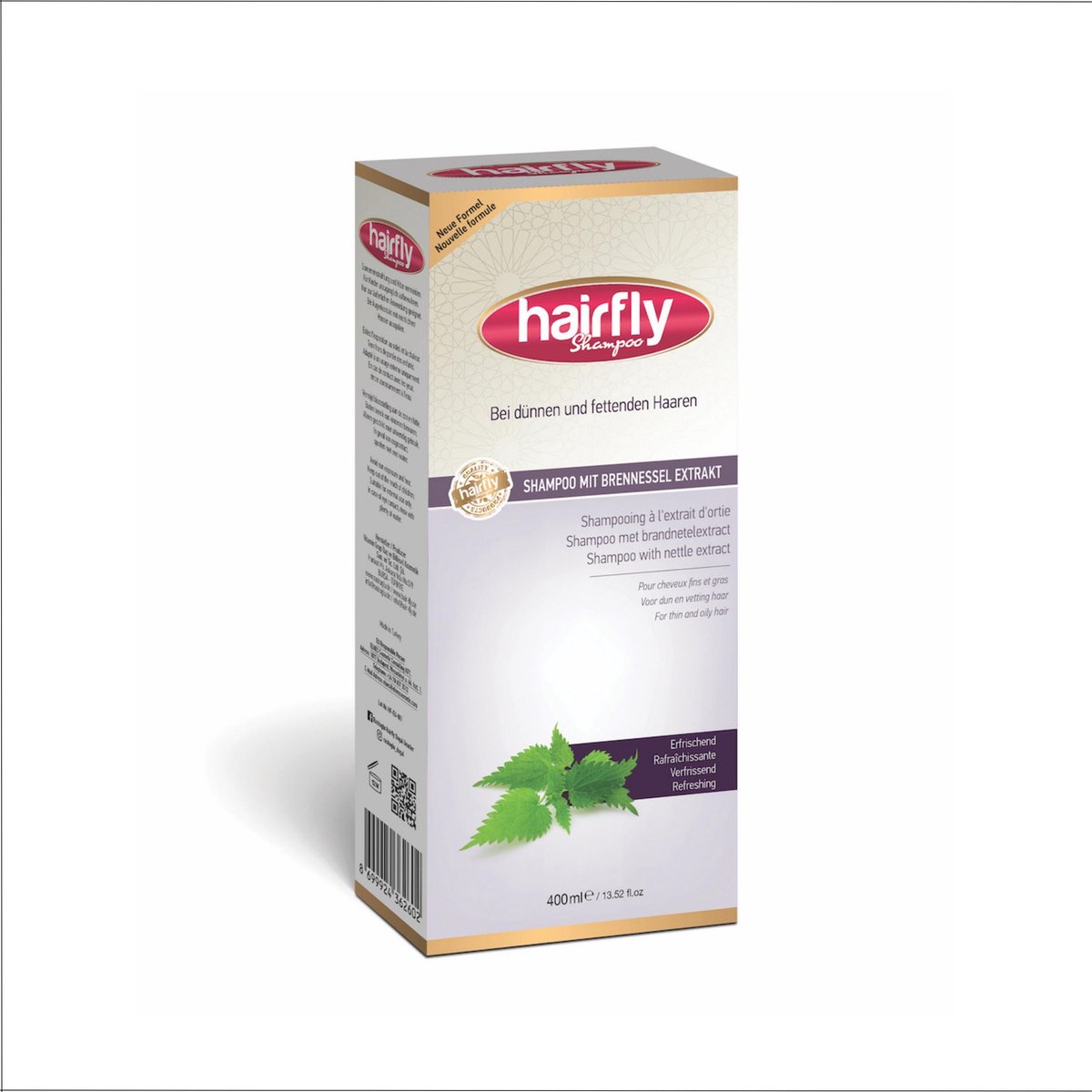 Hairfly shampoo Brandnetel | 400 ml | Milde reiniging voor elk haar | Geeft glans en frisheid voor het hele gezin en dagelijks gebruik | Natuurlijk effectief tegen haaruitval