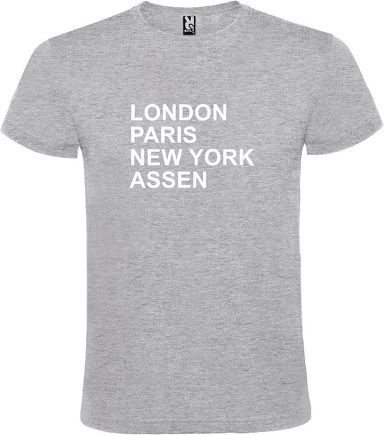 Grijs t-shirt met " London, Paris , New York, Assen " print Wit size XL