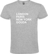 Grijs t-shirt met " London, Paris , New York, Gouda " print Wit size S