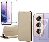 Samsung Galaxy S22 Ultra Hoesje - Book Case Lederen Wallet Cover Minimalistisch Pasjeshouder Hoes Goud - Full Tempered Glass Screenprotector - Camera Lens Protector