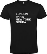 Zwart t-shirt met " London, Paris , New York, Gouda " print Wit size L