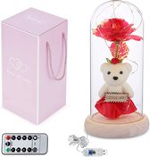 FlexToys Rode Roos in Stolp - Met Afstandsbediening - Wit Beertje met Rood Jurkje en Bloempje- I Love You - Romantisch - Valentijn - Gift - Glas - Kleurrijke LED Lichten - Goud Folie