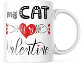 Valentijn Mok met tekst: My Cat is my Valentine met visgraat | Valentijn cadeau | Valentijn decoratie | Grappige Cadeaus | Koffiemok | Koffiebeker | Theemok | Theebeker