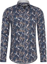 Heren overhemd Lange mouwen - MarshallDenim - bloemenprint Donker blauw - Slim fit met stretch - maat L