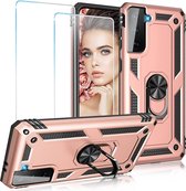 Samsung S21 FE Hoesje armor Met ring houder Rose Goud - Samsung Galaxy S21 FE hoes met Kickstand TPU backcover hoesje - Galaxy s21 screenprotector 2 pack