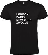 Zwart t-shirt met " London, Paris , New York, Zwolle " print Wit size S