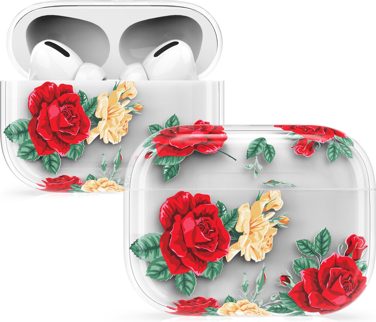 kwmobile Hoesje voor Apple AirPods Pro - Case voor draadloze oordopjes - Cover in rood / beige / transparant - Rozenstruik design
