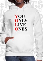 YOLO You Only Live Ones dames hoodie - Wit - Maat M - lange mouwen - Met capuchon & steekzakken - grappige teksten - leuke truien | sweaters - humor - quotes - kwoots - kado - cade
