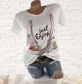 Vintage katoenen zomer t-shirt met print "Just enjoy" sneakers en studs maat 34 36 Made in Italy