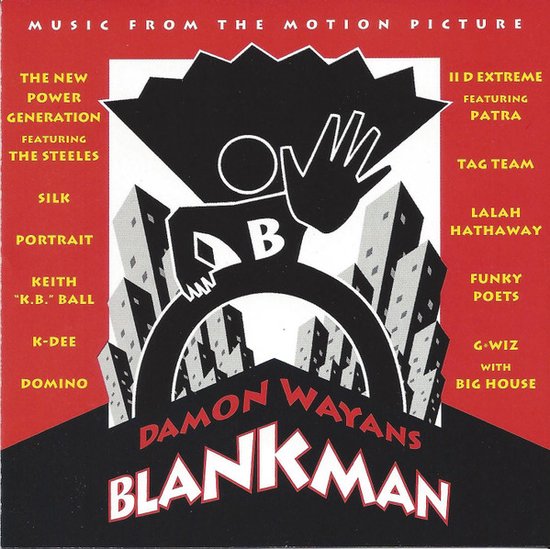 Muziek van de film Blankman met een cartoonfiguur met een cape en het logo.